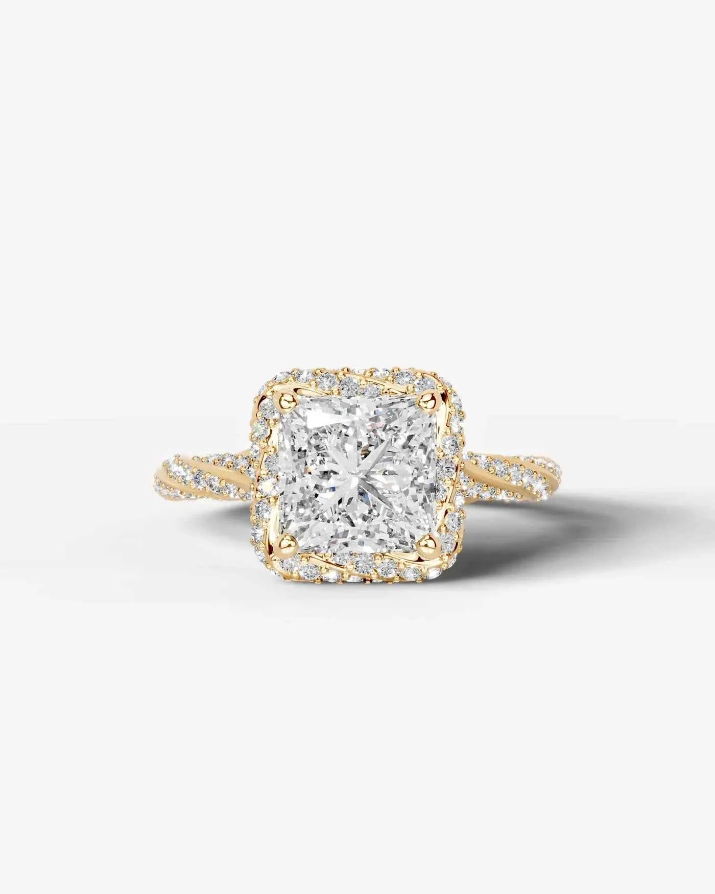 Princess Cut Lab Diamond Engagement Ring with double halo and twisted pave band| D VS1