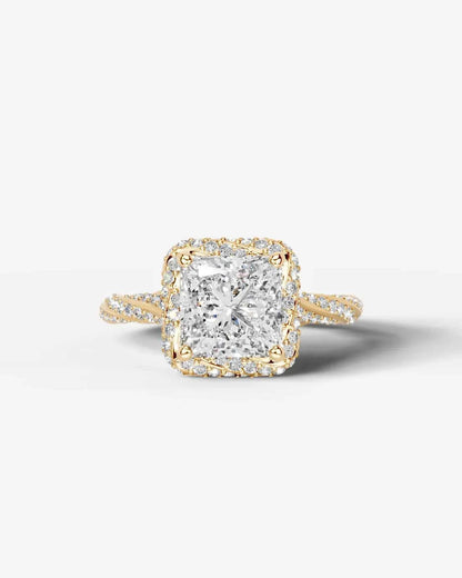 Princess Cut Lab Diamond Engagement Ring with double halo and twisted pave band| D VS1