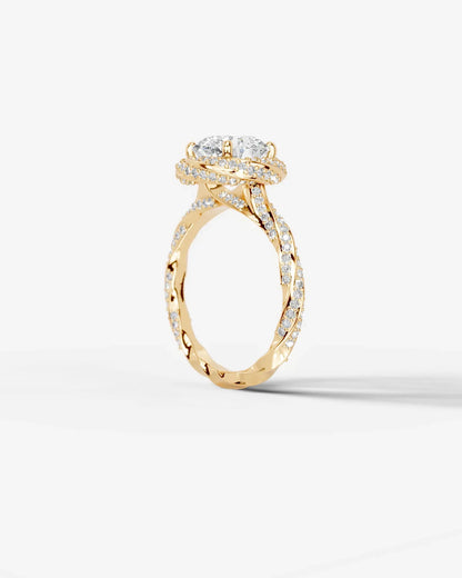 Round Cut Lab Diamond Engagement Ring with double halo and twisted pave band| D VS1