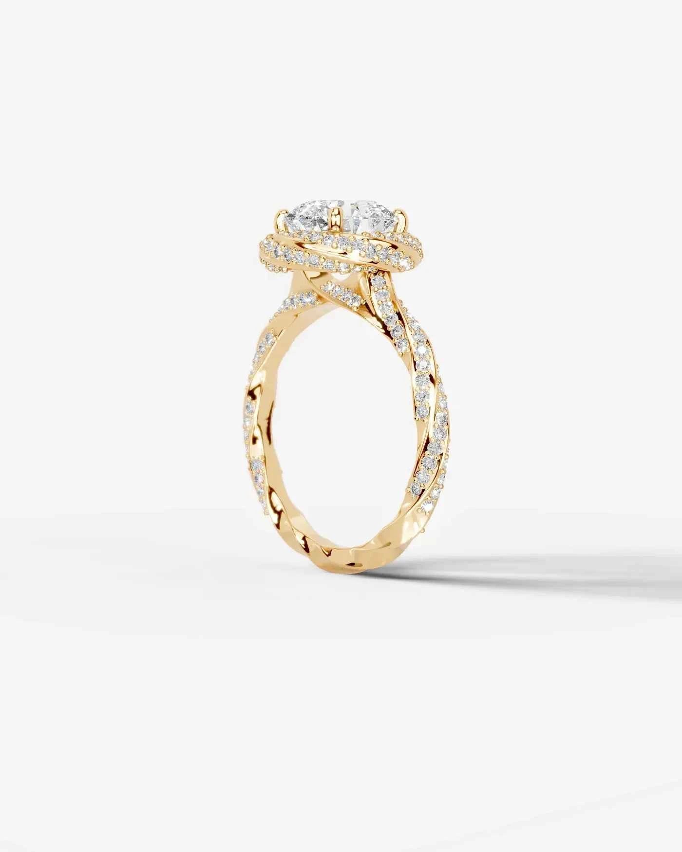 Round Cut Lab Diamond Engagement Ring with double halo and twisted pave band| D VS1