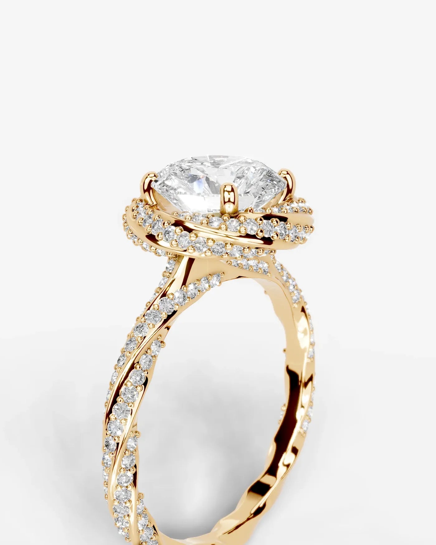 Round Cut Lab Diamond Engagement Ring with double halo and twisted pave band| D VS1