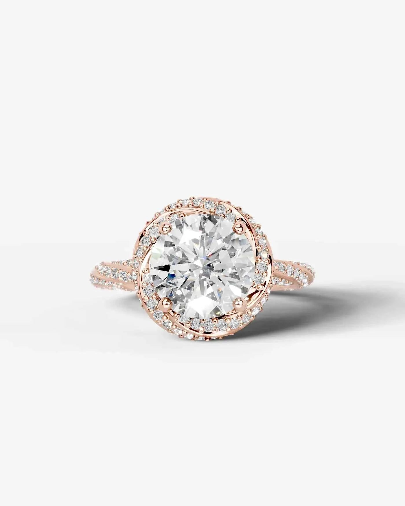 Round Cut Lab Diamond Engagement Ring with double halo and twisted pave band| D VS1