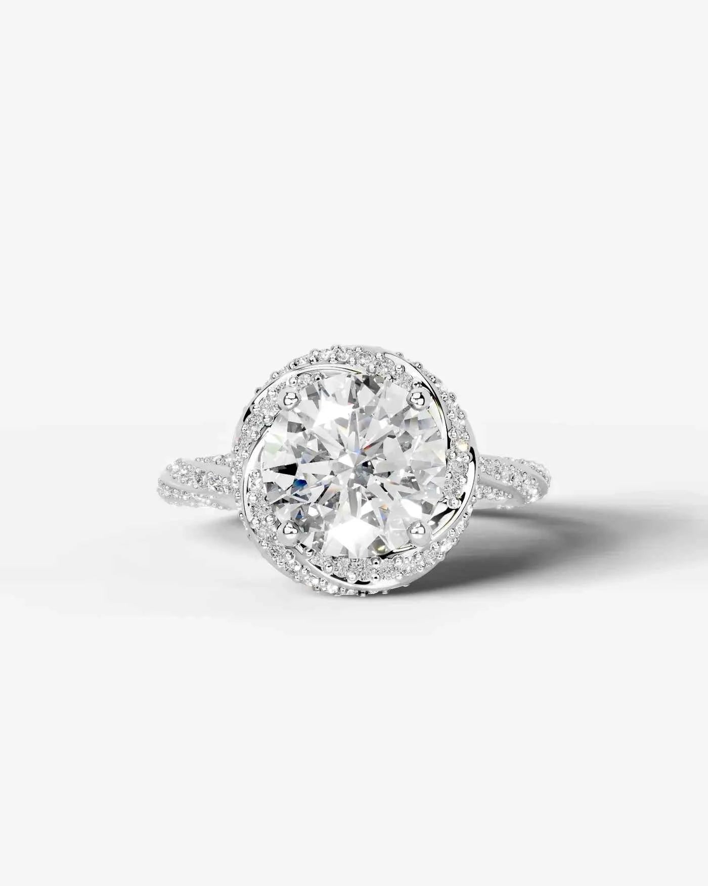 Round Cut Lab Diamond Engagement Ring with double halo and twisted pave band| D VS1