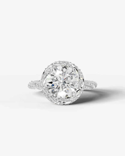 Round Cut Lab Diamond Engagement Ring with double halo and twisted pave band| D VS1