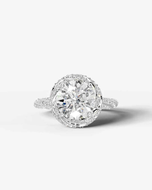 Round Cut Lab Diamond Engagement Ring with double halo and twisted pave band| D VS1
