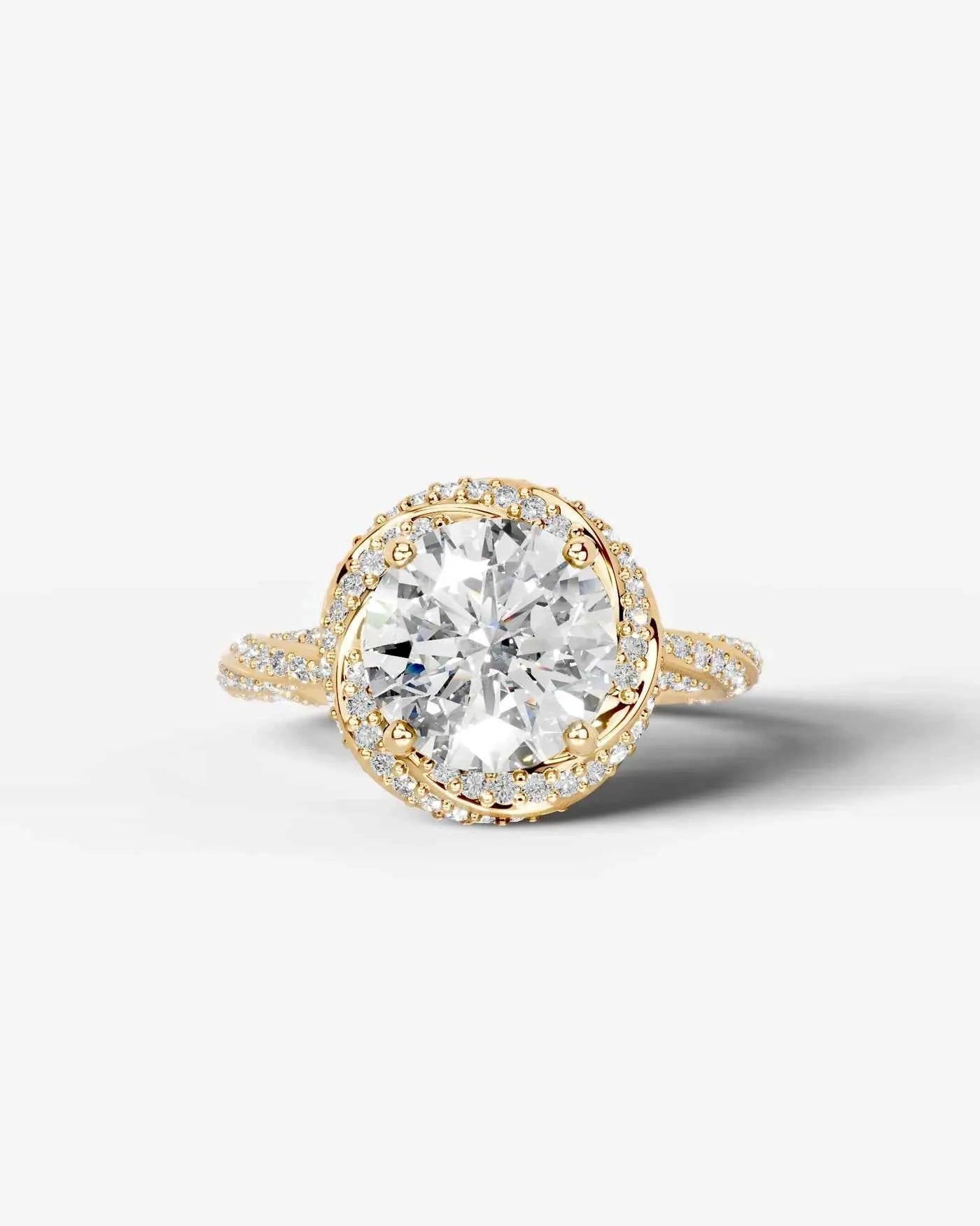 Round Cut Lab Diamond Engagement Ring with double halo and twisted pave band| D VS1