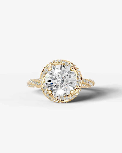 Round Cut Lab Diamond Engagement Ring with double halo and twisted pave band| D VS1