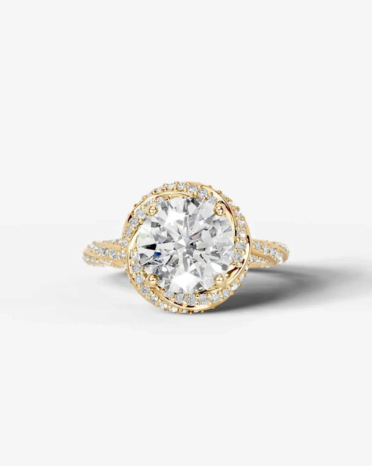 Round Cut Lab Diamond Engagement Ring with double halo and twisted pave band| D VS1