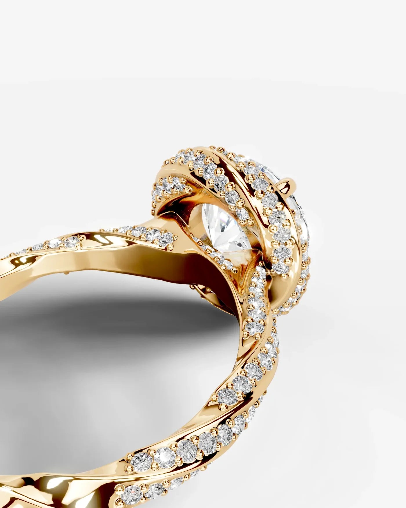 Round Cut Lab Diamond Engagement Ring with double halo and twisted pave band| D VS1
