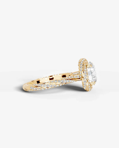 Round Cut Lab Diamond Engagement Ring with double halo and twisted pave band| D VS1