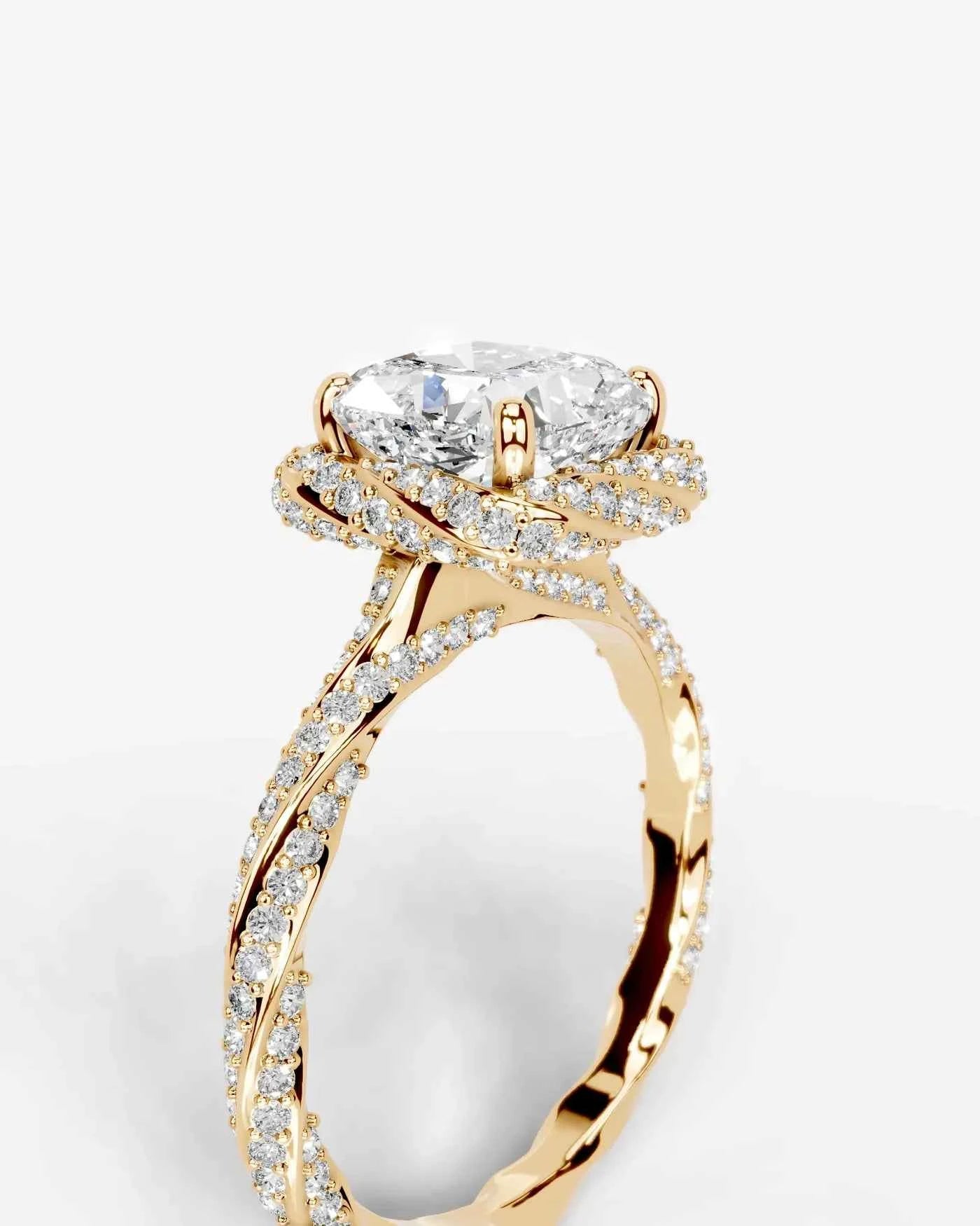 Cushion Cut Lab Diamond Engagement Ring with double halo and twisted pave band| D VS1