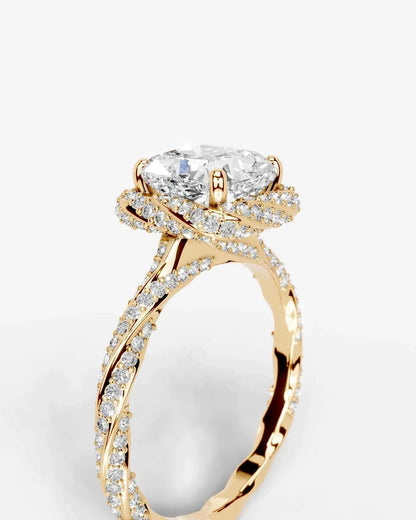 Cushion Cut Lab Diamond Engagement Ring with double halo and twisted pave band| D VS1