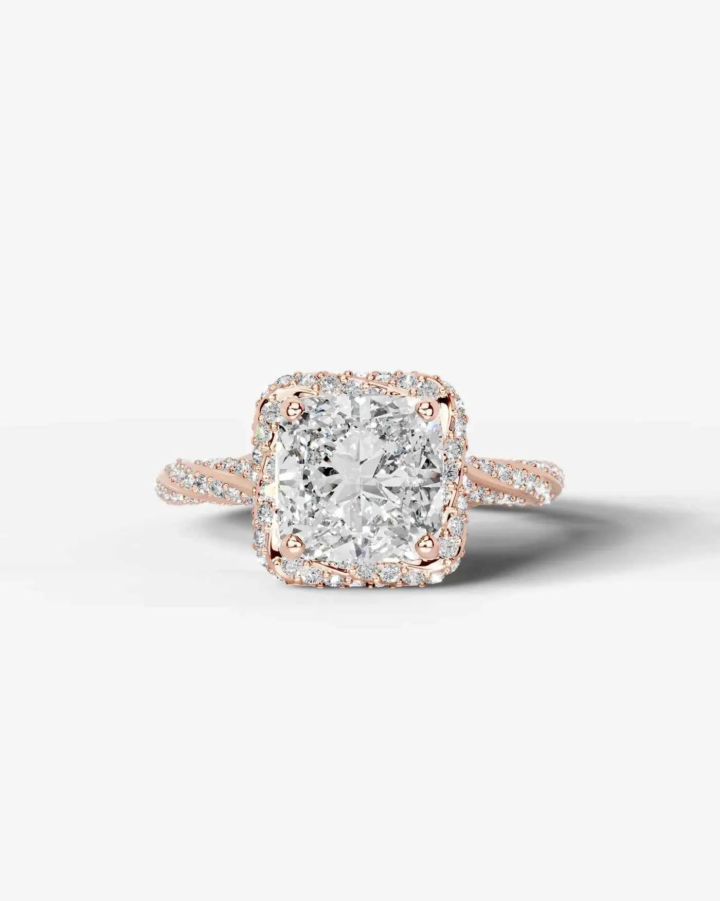 Cushion Cut Lab Diamond Engagement Ring with double halo and twisted pave band| D VS1