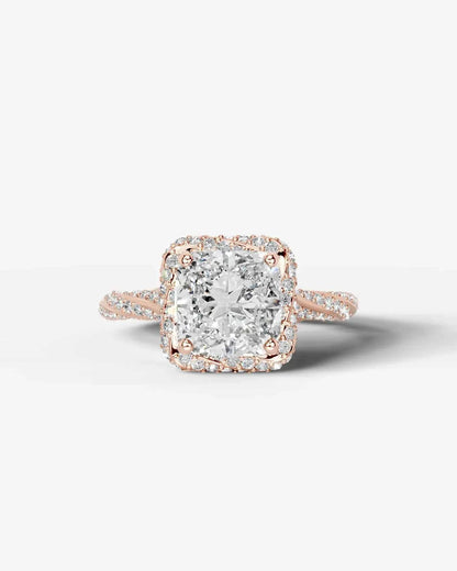 Cushion Cut Lab Diamond Engagement Ring with double halo and twisted pave band| D VS1