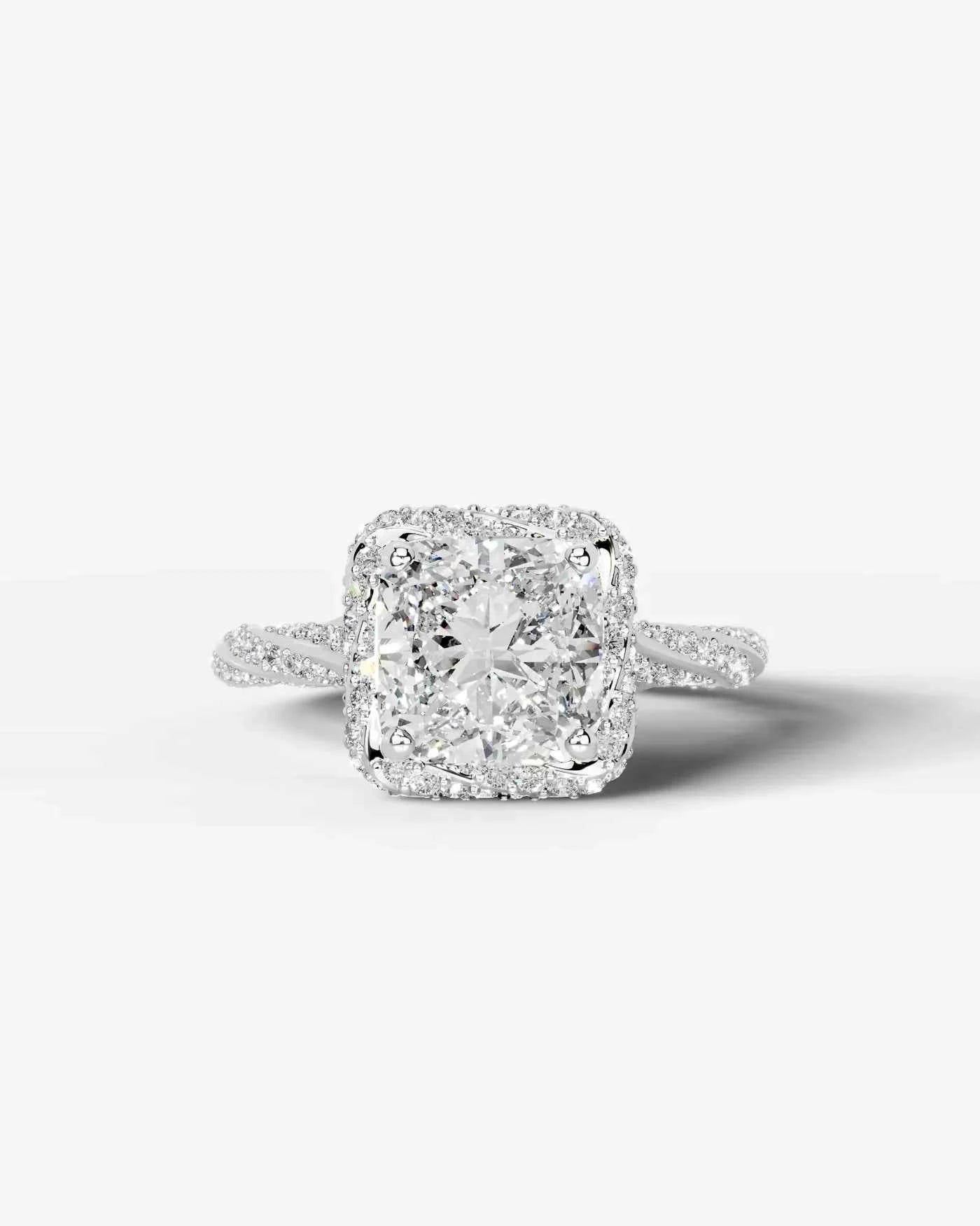 Cushion Cut Lab Diamond Engagement Ring with double halo and twisted pave band| D VS1