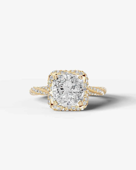 Cushion Cut Lab Diamond Engagement Ring with double halo and twisted pave band| D VS1