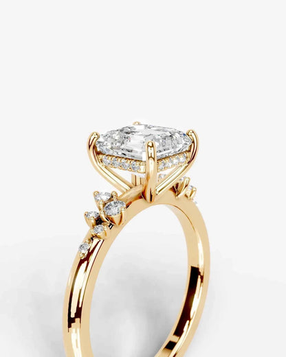 Asscher Cut Lab Diamond Engagement Ring with floral side stones and Hidden halo| D VS1