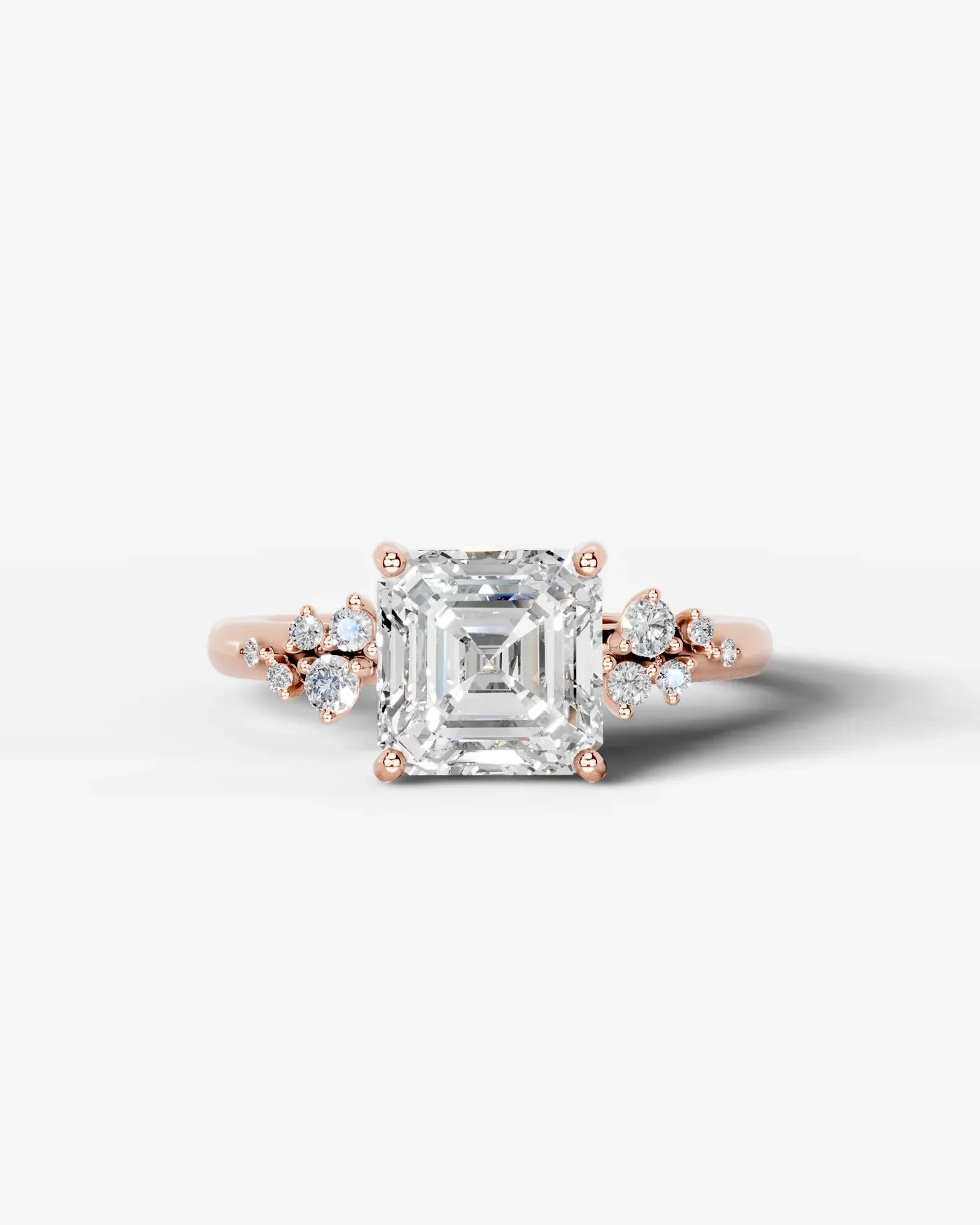 Asscher Cut Lab Diamond Engagement Ring with floral side stones and Hidden halo| D VS1