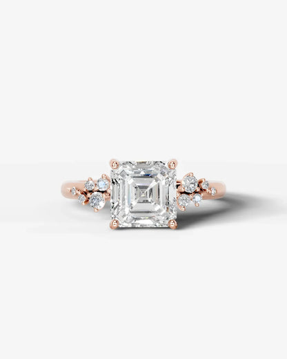 Asscher Cut Lab Diamond Engagement Ring with floral side stones and Hidden halo| D VS1