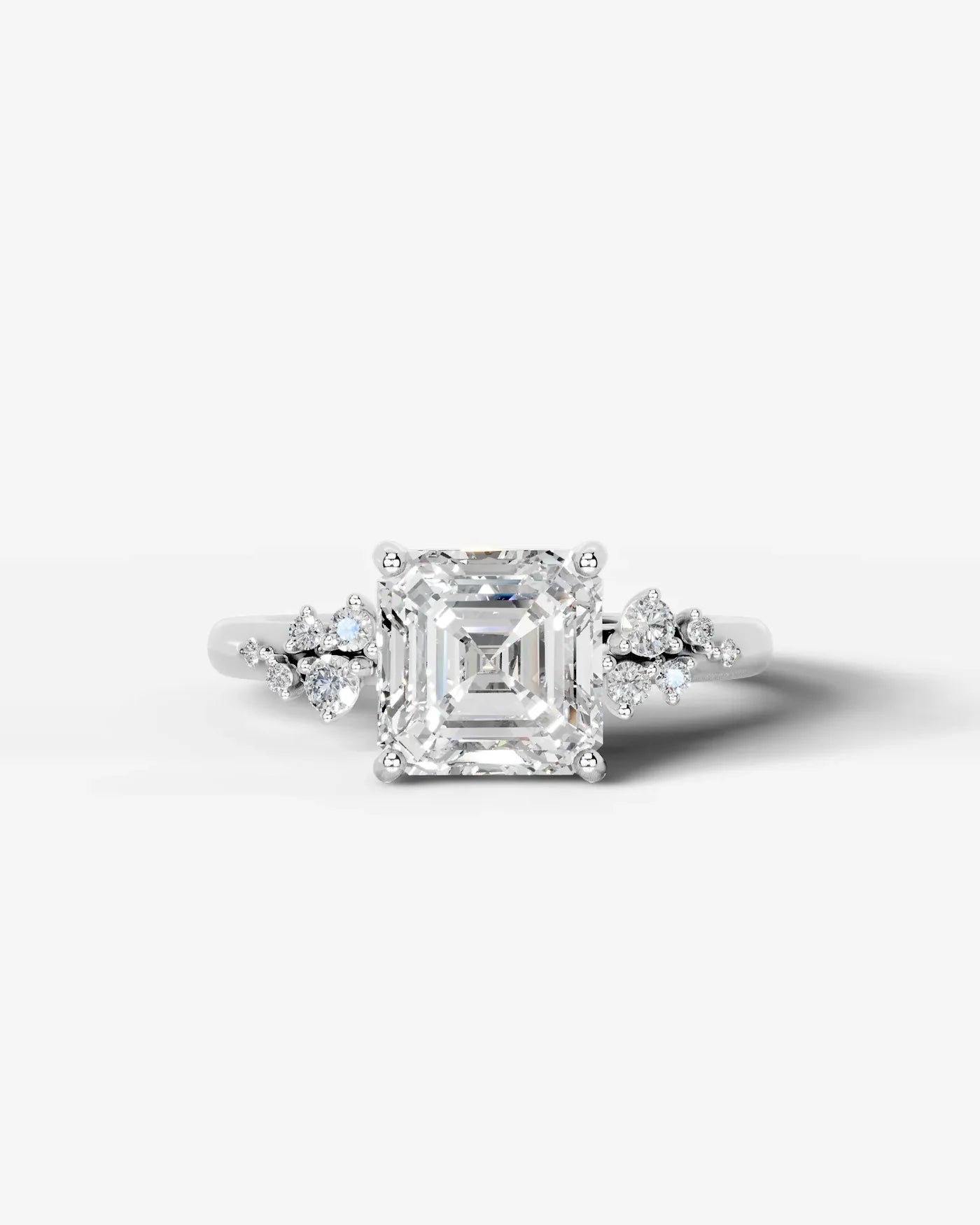 Asscher Cut Lab Diamond Engagement Ring with floral side stones and Hidden halo| D VS1