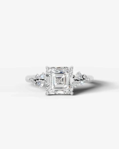 Asscher Cut Lab Diamond Engagement Ring with floral side stones and Hidden halo| D VS1