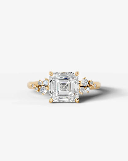 Asscher Cut Lab Diamond Engagement Ring with floral side stones and Hidden halo| D VS1