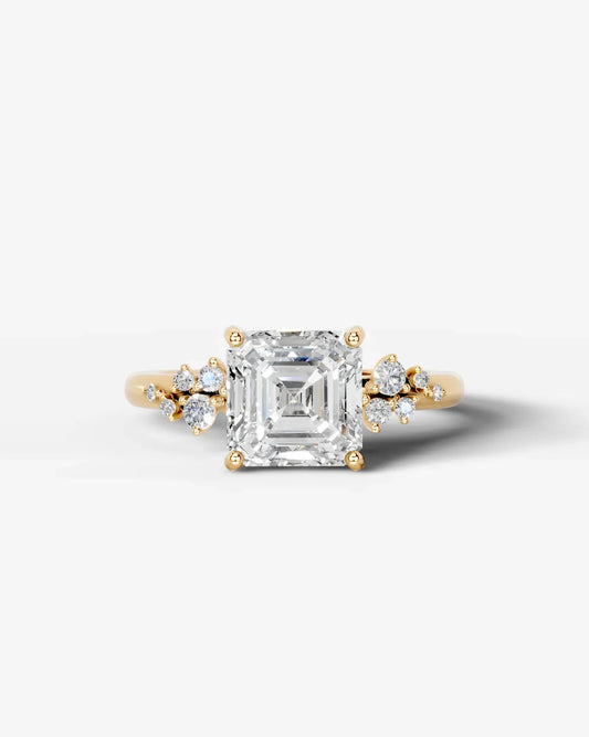 Asscher Cut Lab Diamond Engagement Ring with floral side stones and Hidden halo| D VS1