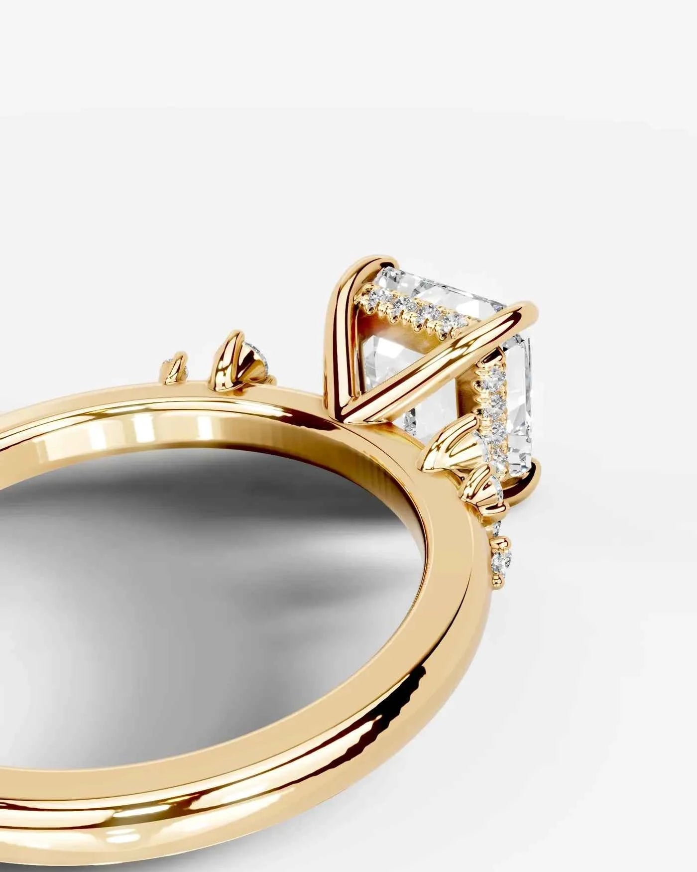 Asscher Cut Lab Diamond Engagement Ring with floral side stones and Hidden halo| D VS1