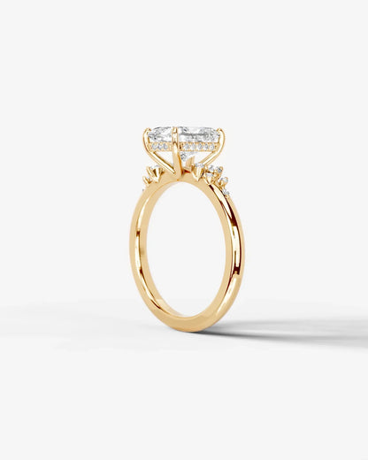 Radiant  Cut Lab Diamond Engagement Ring with floral side stones and Hidden halo| D VS1