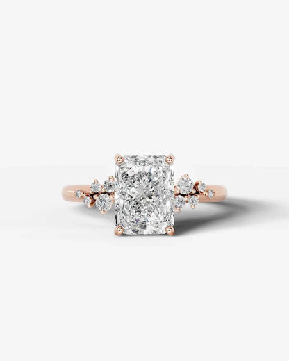 Radiant  Cut Lab Diamond Engagement Ring with floral side stones and Hidden halo| D VS1