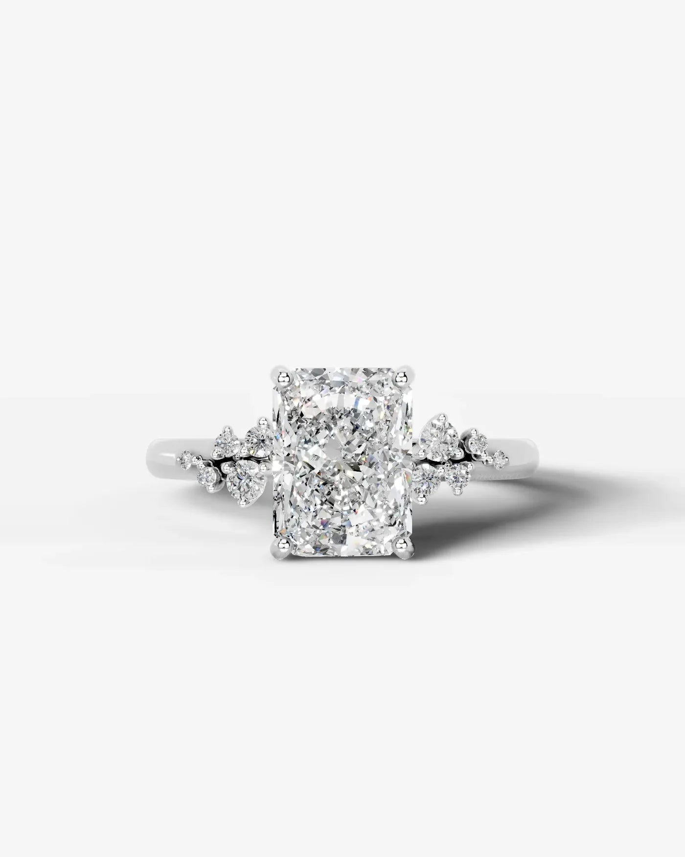 Radiant  Cut Lab Diamond Engagement Ring with floral side stones and Hidden halo| D VS1