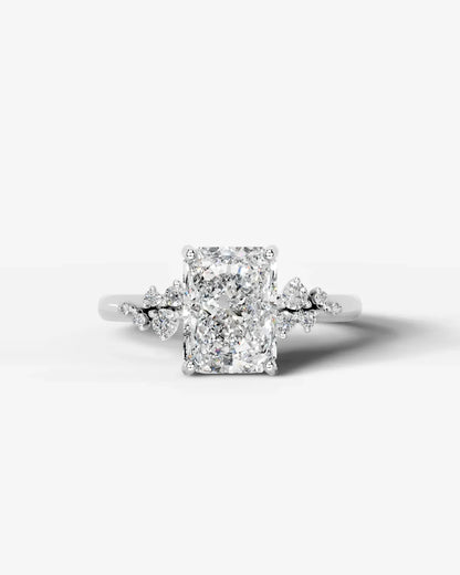 Radiant  Cut Lab Diamond Engagement Ring with floral side stones and Hidden halo| D VS1