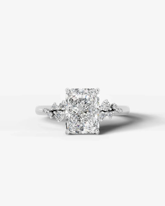 Radiant  Cut Lab Diamond Engagement Ring with floral side stones and Hidden halo| D VS1