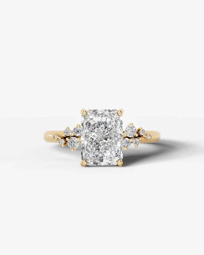 Radiant  Cut Lab Diamond Engagement Ring with floral side stones and Hidden halo| D VS1