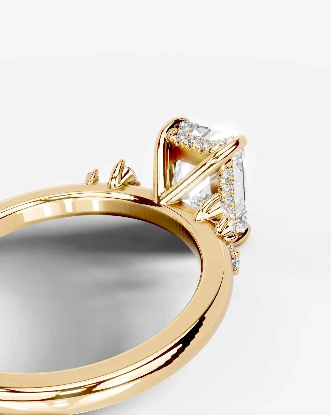 Radiant  Cut Lab Diamond Engagement Ring with floral side stones and Hidden halo| D VS1