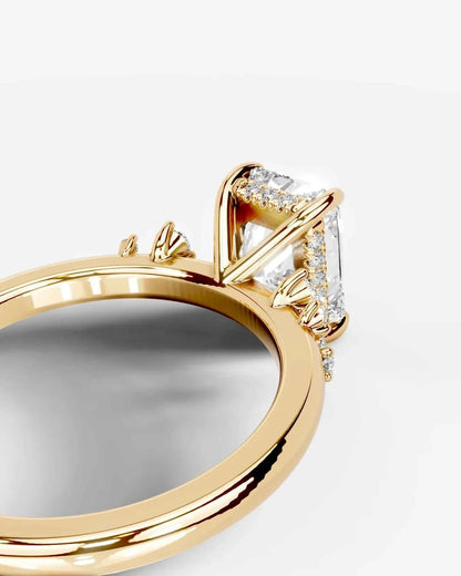Radiant  Cut Lab Diamond Engagement Ring with floral side stones and Hidden halo| D VS1