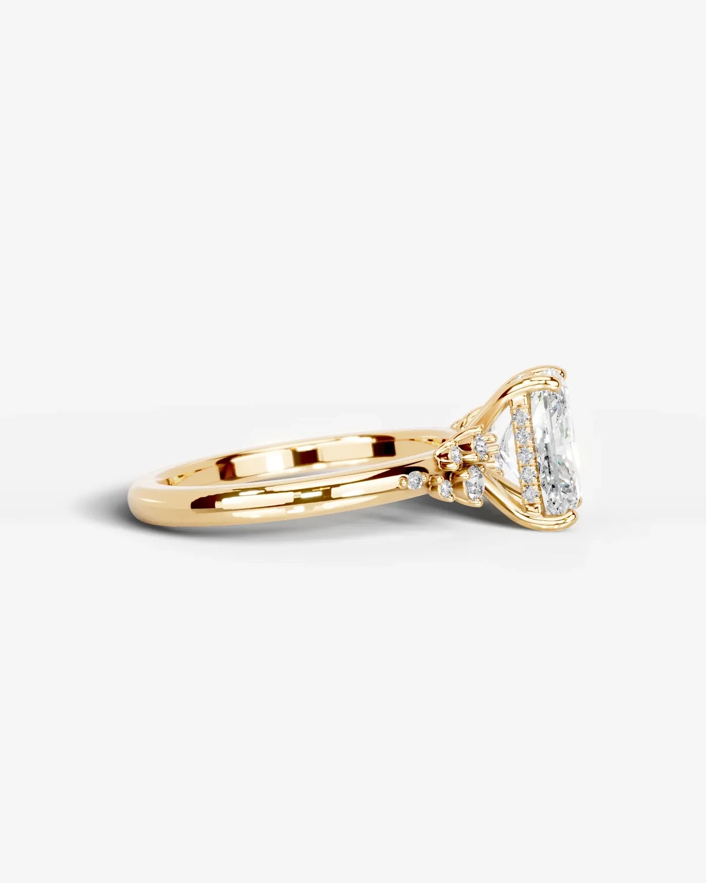 Radiant  Cut Lab Diamond Engagement Ring with floral side stones and Hidden halo| D VS1