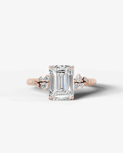Emerald Cut Lab Diamond Engagement Ring with floral side stones and Hidden halo| D VS1