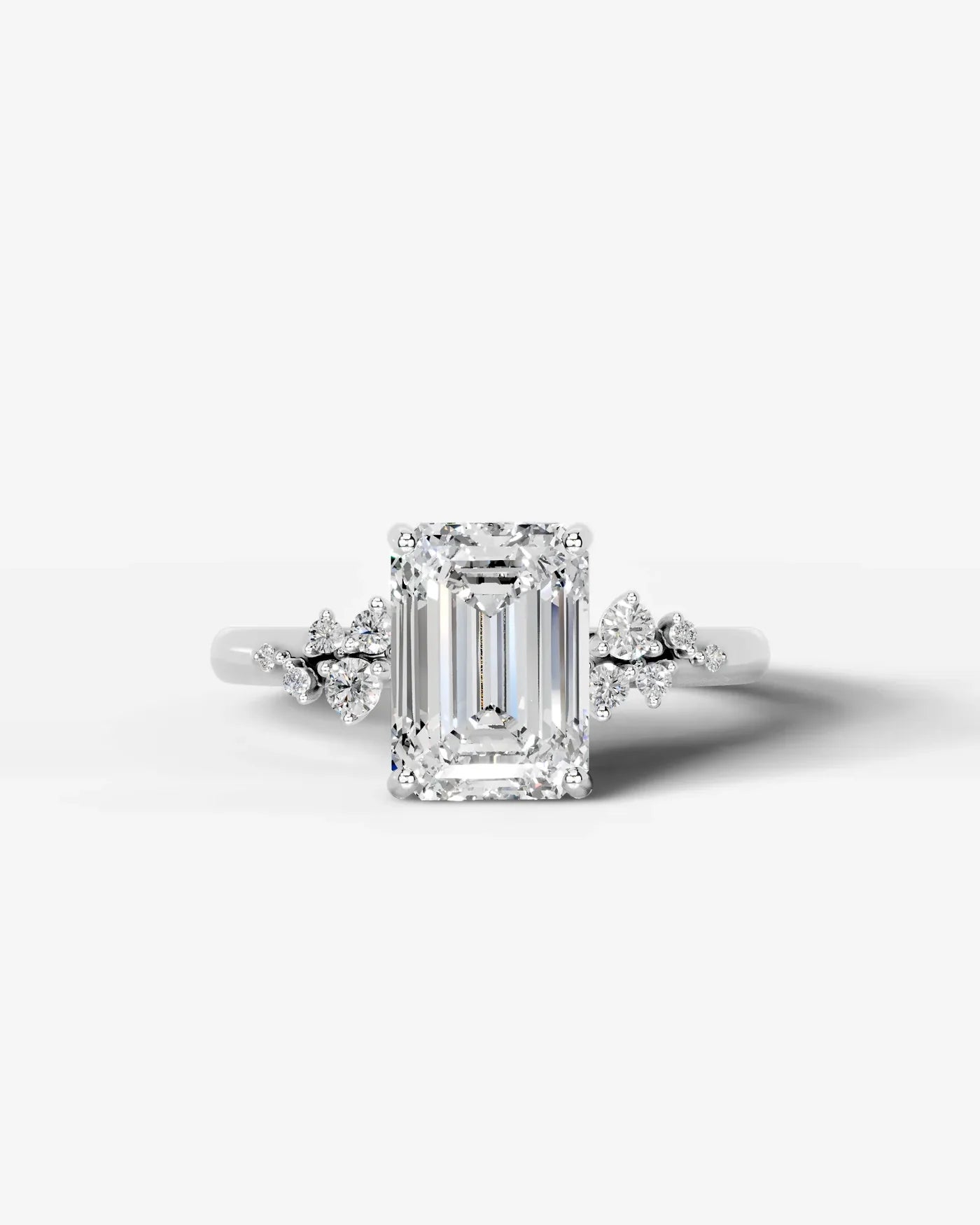 Emerald Cut Lab Diamond Engagement Ring with floral side stones and Hidden halo| D VS1