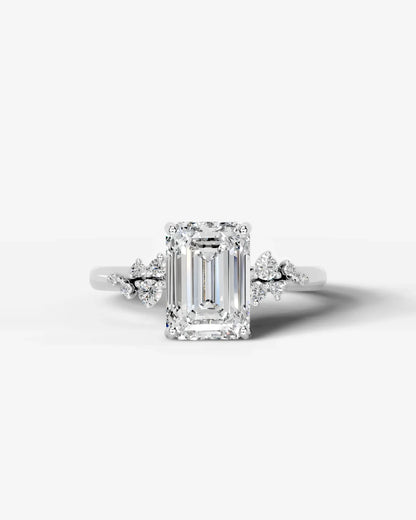 Emerald Cut Lab Diamond Engagement Ring with floral side stones and Hidden halo| D VS1