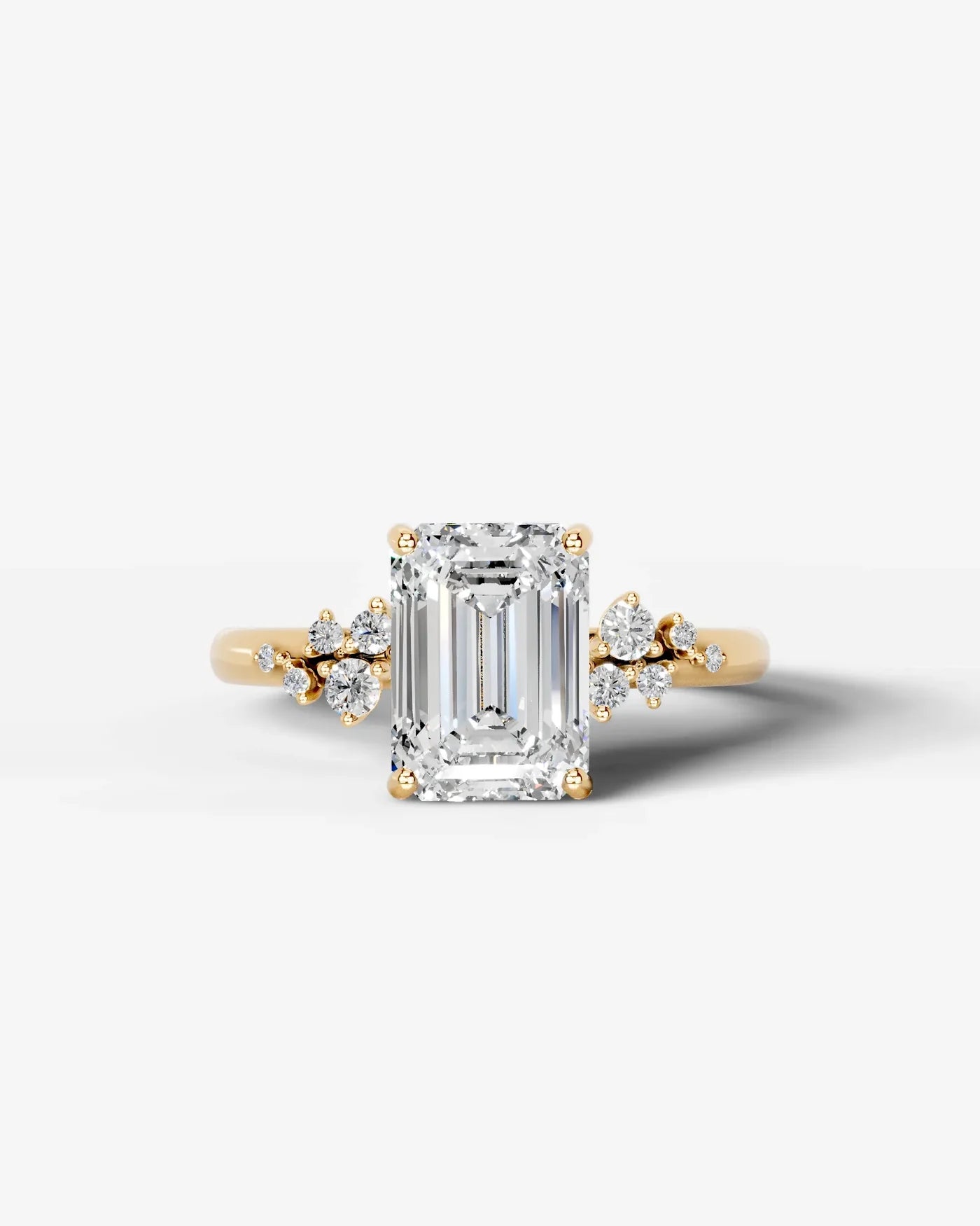 Emerald Cut Lab Diamond Engagement Ring with floral side stones and Hidden halo| D VS1