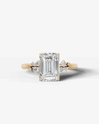 Emerald Cut Lab Diamond Engagement Ring with floral side stones and Hidden halo| D VS1