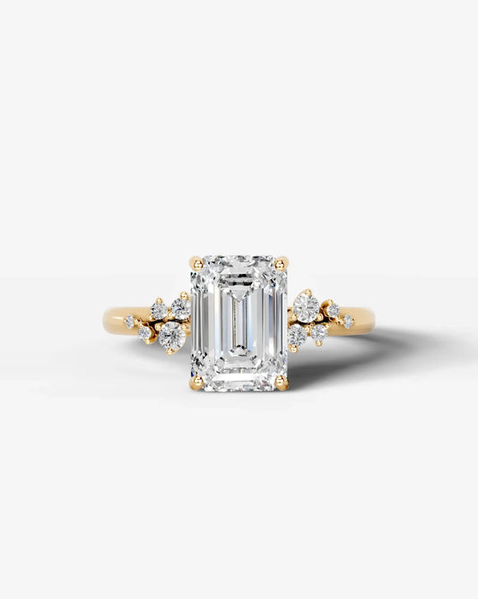 Emerald Cut Lab Diamond Engagement Ring with floral side stones and Hidden halo| D VS1