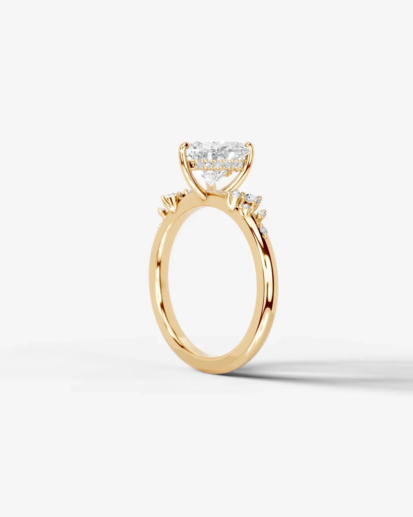 Heart Cut Lab Diamond Engagement Ring with floral side stones and Hidden halo| D VS1