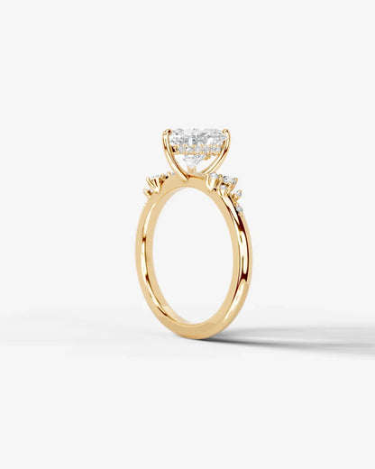 Heart Cut Lab Diamond Engagement Ring with floral side stones and Hidden halo| D VS1