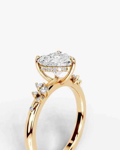 Heart Cut Lab Diamond Engagement Ring with floral side stones and Hidden halo| D VS1