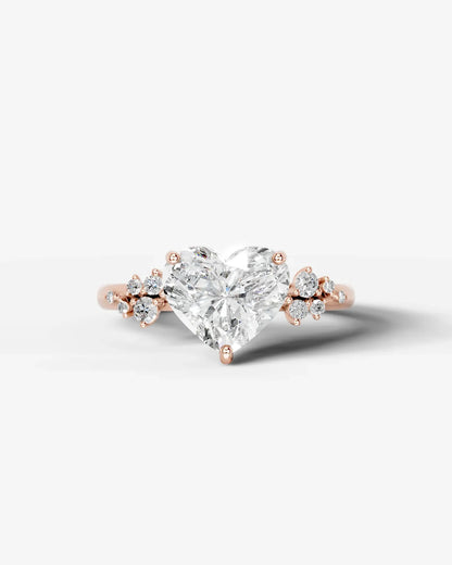 Heart Cut Lab Diamond Engagement Ring with floral side stones and Hidden halo| D VS1
