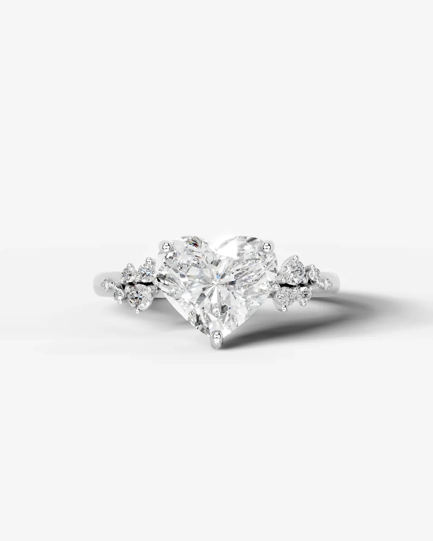 Heart Cut Lab Diamond Engagement Ring with floral side stones and Hidden halo| D VS1
