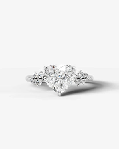 Heart Cut Lab Diamond Engagement Ring with floral side stones and Hidden halo| D VS1