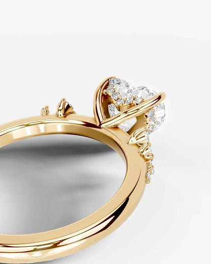 Heart Cut Lab Diamond Engagement Ring with floral side stones and Hidden halo| D VS1